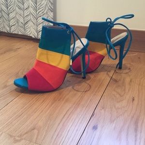 Rainbow stripe open toe heels